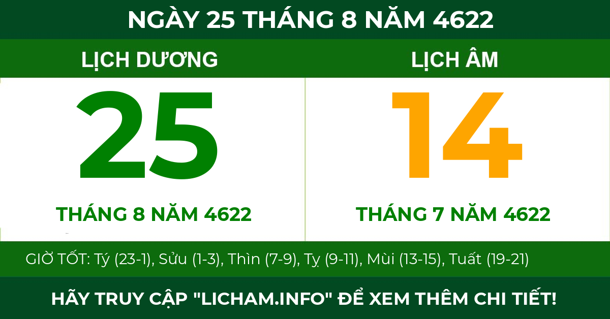lịch âm ngày 25 tháng 8 năm 4622