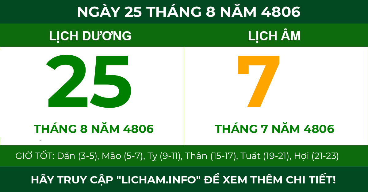 lịch âm ngày 25 tháng 8 năm 4806