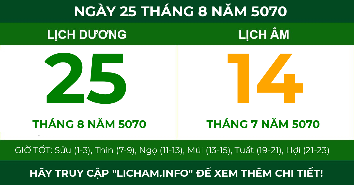 lịch âm ngày 25 tháng 8 năm 5070
