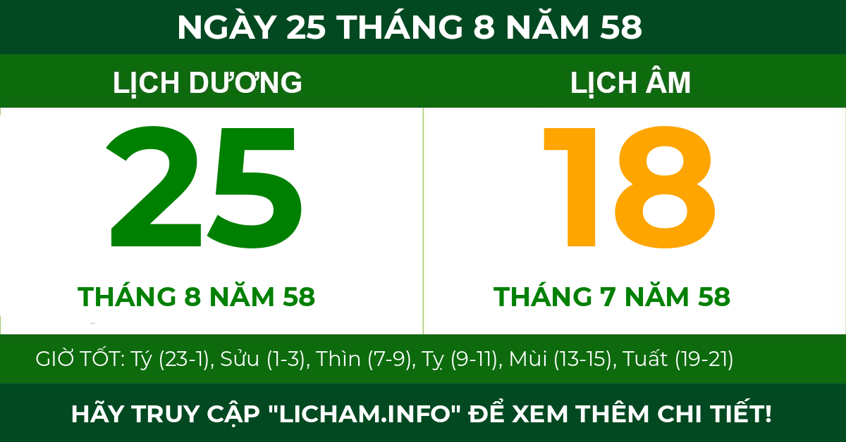 lịch âm ngày 25 tháng 8 năm 58