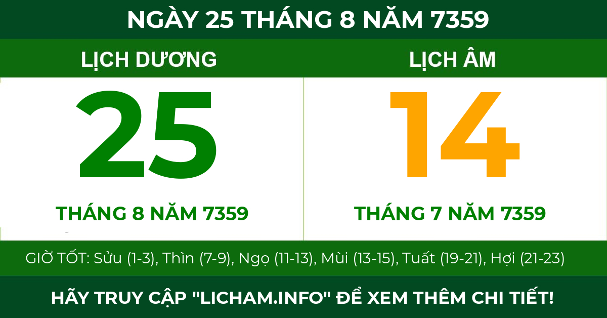 lịch âm ngày 25 tháng 8 năm 7359