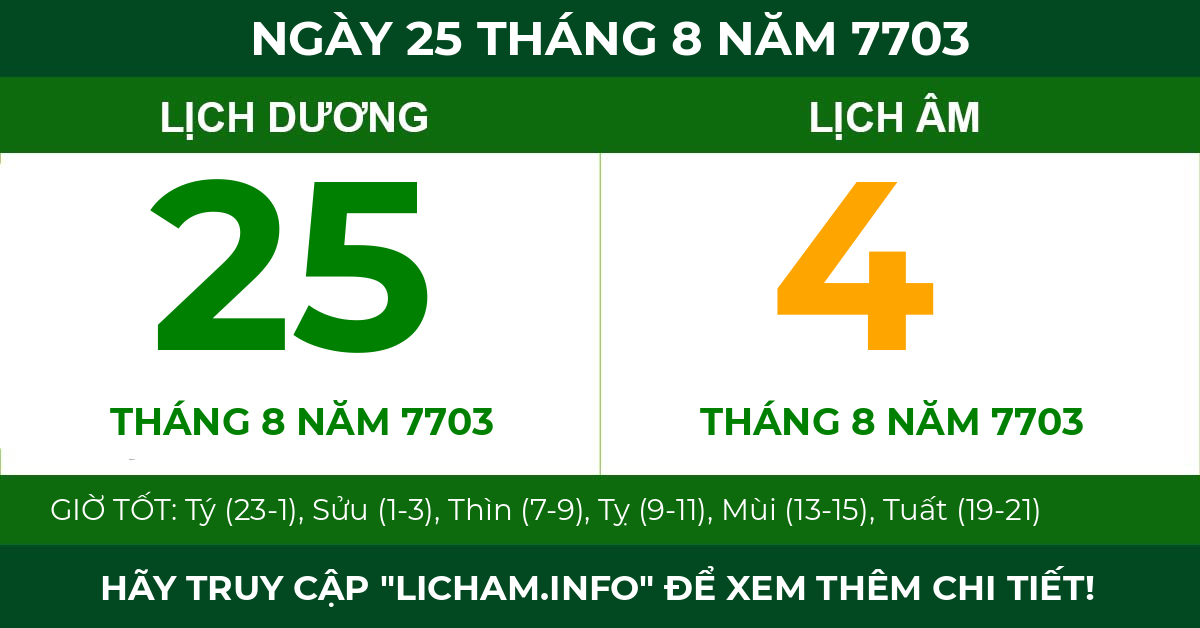 lịch âm ngày 25 tháng 8 năm 7703