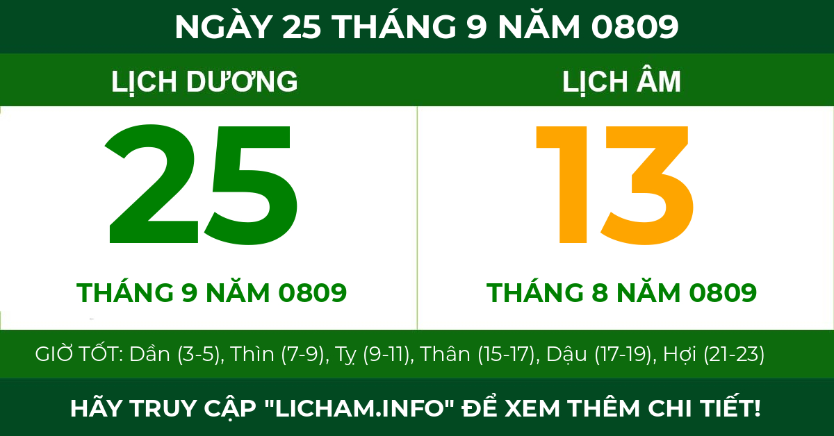 lịch âm ngày 25 tháng 9 năm 0809