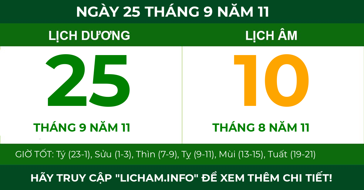 lịch âm ngày 25 tháng 9 năm 11