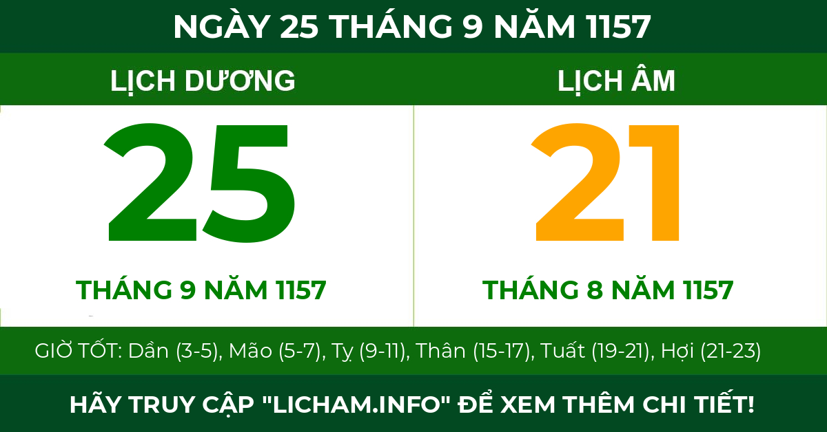 lịch âm ngày 25 tháng 9 năm 1157