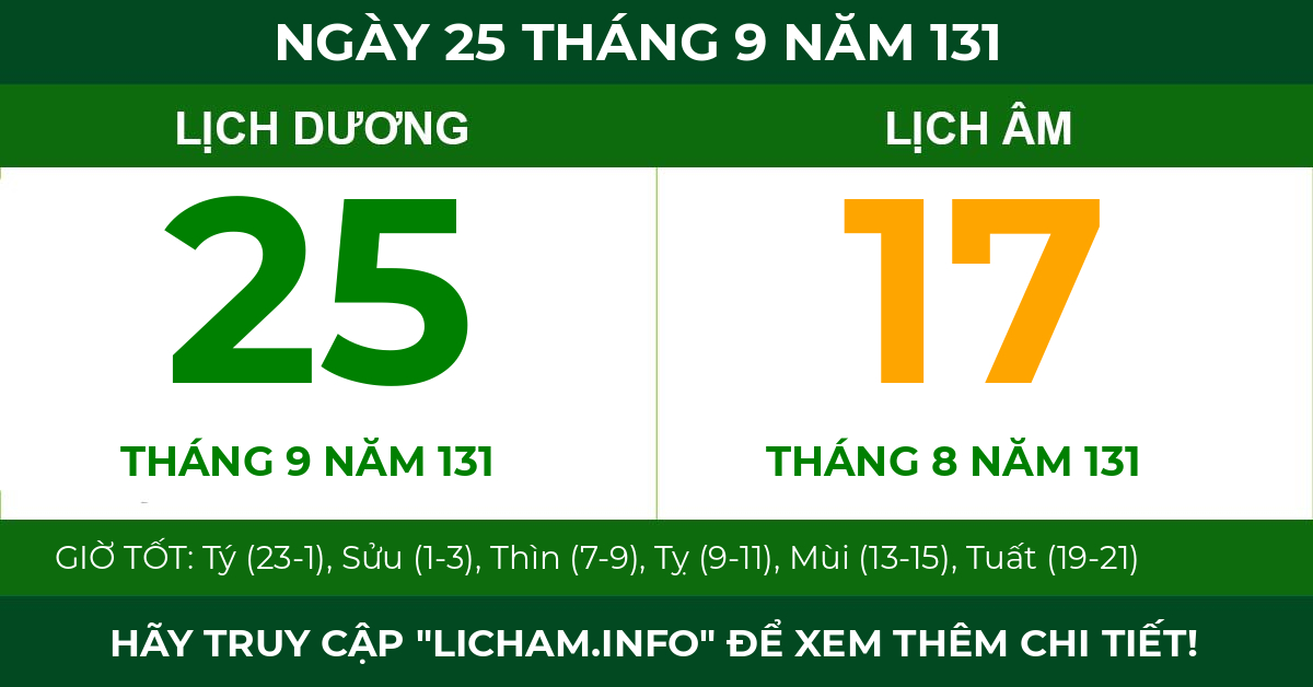 lịch âm ngày 25 tháng 9 năm 131