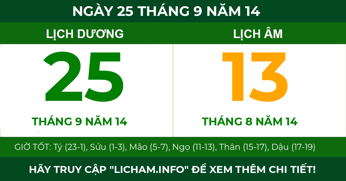 lịch âm ngày 25 tháng 9 năm 14