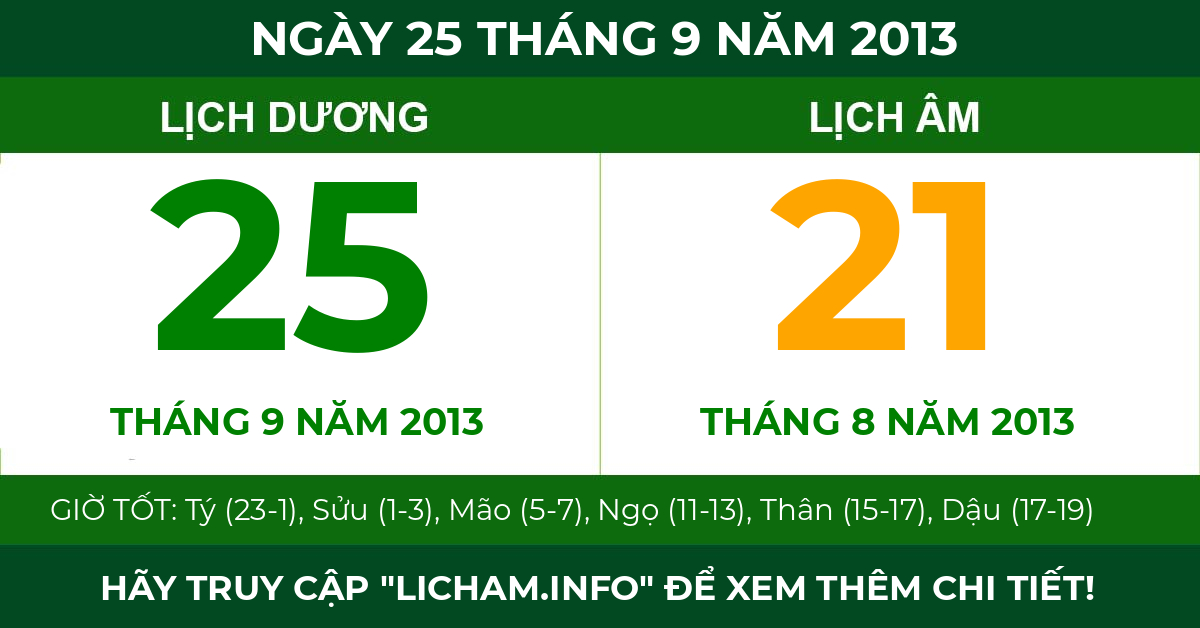 lịch âm ngày 25 tháng 9 năm 2013