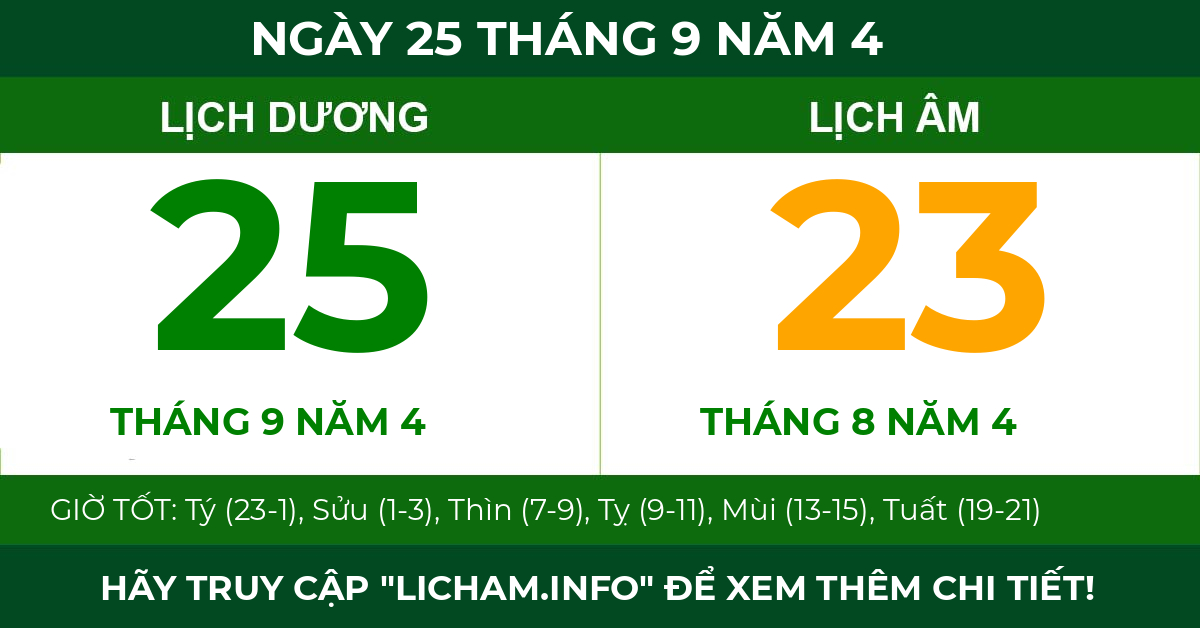 lịch âm ngày 25 tháng 9 năm 4