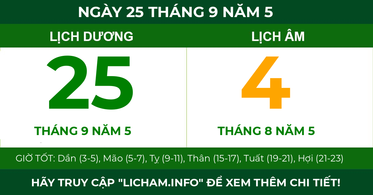 lịch âm ngày 25 tháng 9 năm 5