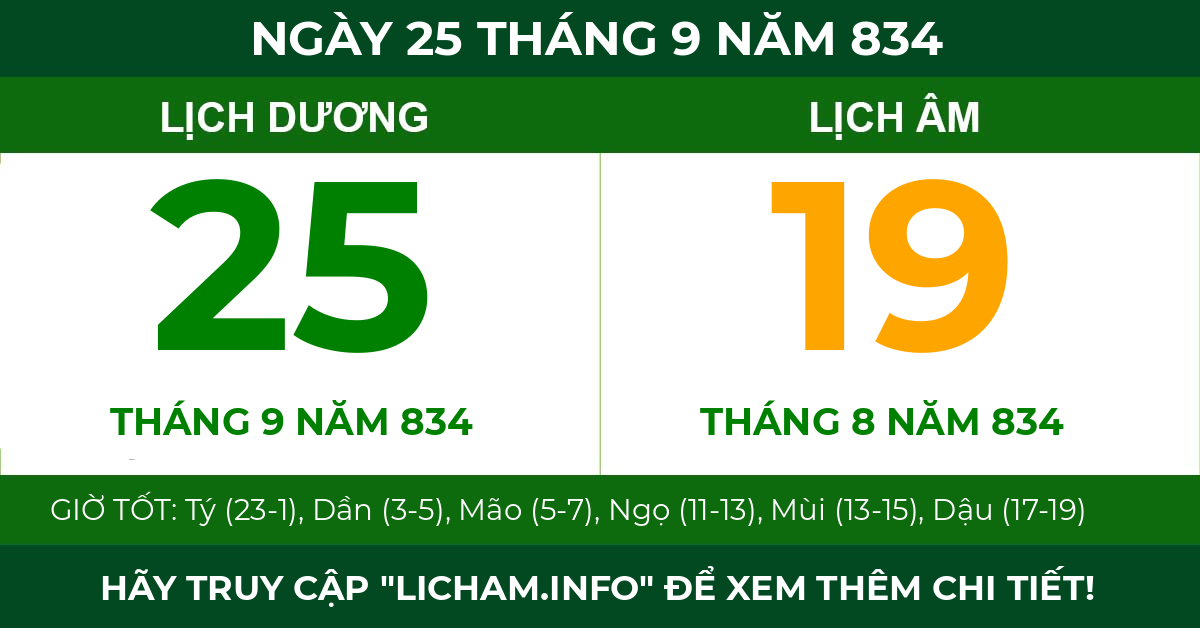 lịch âm ngày 25 tháng 9 năm 834