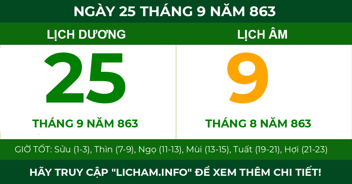 lịch âm ngày 25 tháng 9 năm 863
