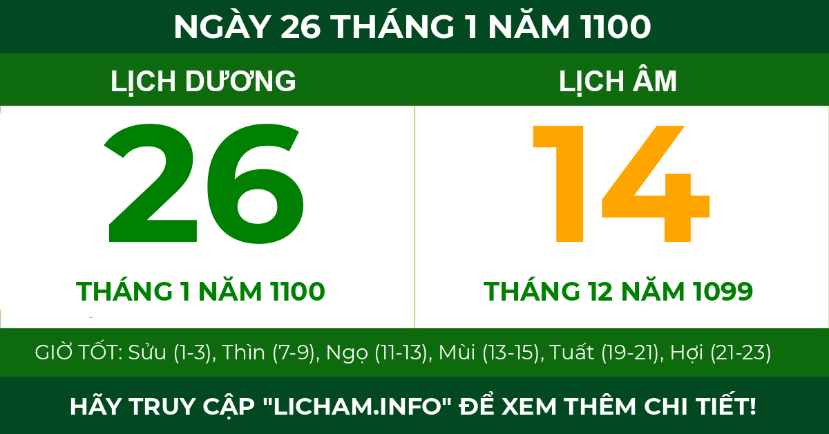 lịch âm ngày 26 tháng 1 năm 1100