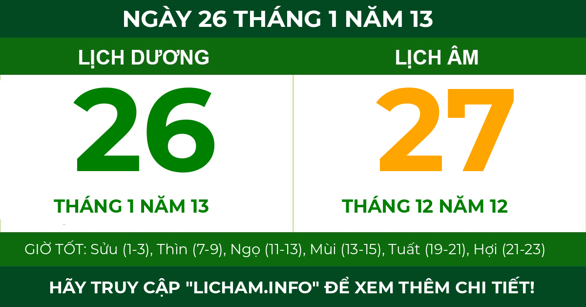 lịch âm ngày 26 tháng 1 năm 13