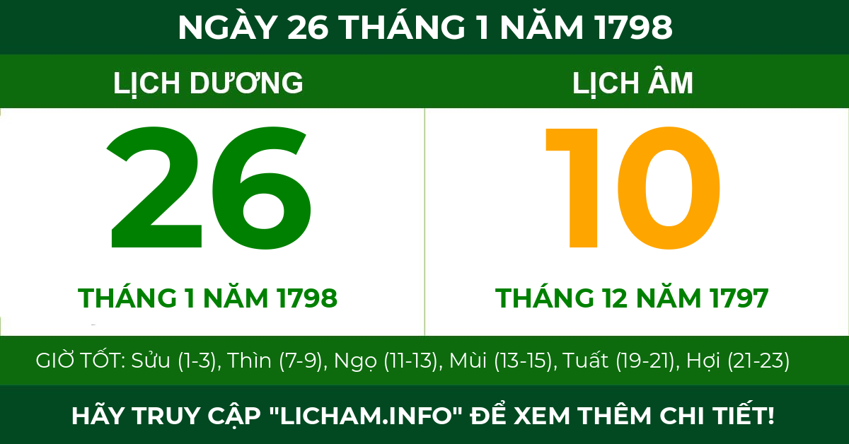 lịch âm ngày 26 tháng 1 năm 1798