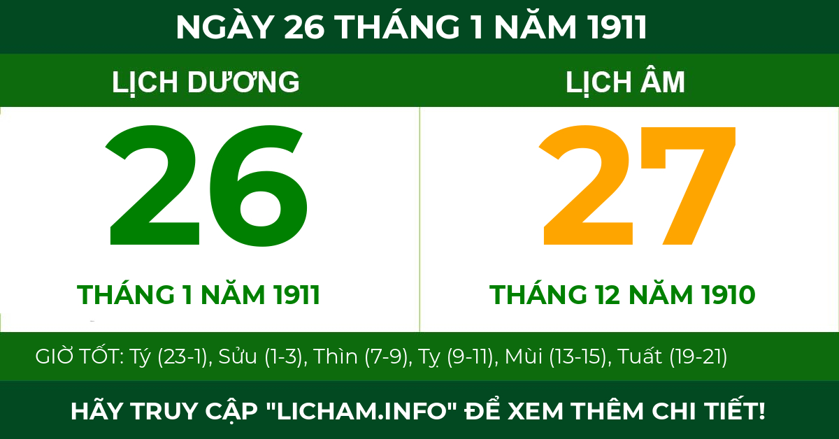 lịch âm ngày 26 tháng 1 năm 1911