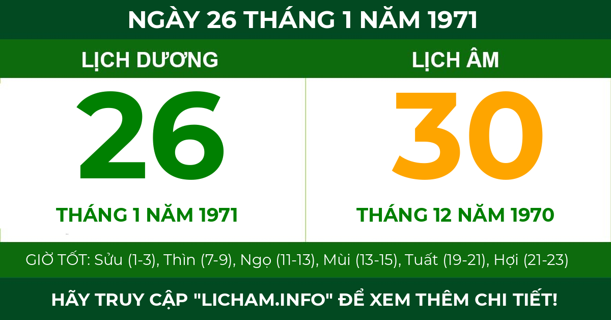 lịch âm ngày 26 tháng 1 năm 1971