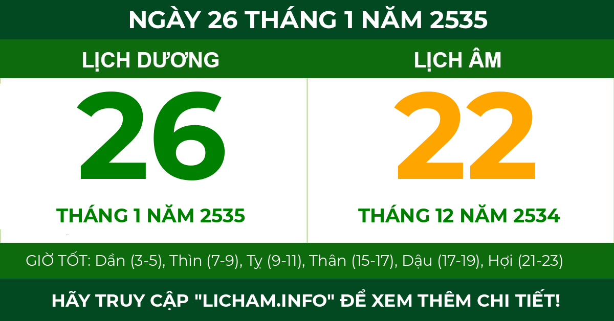 lịch âm ngày 26 tháng 1 năm 2535