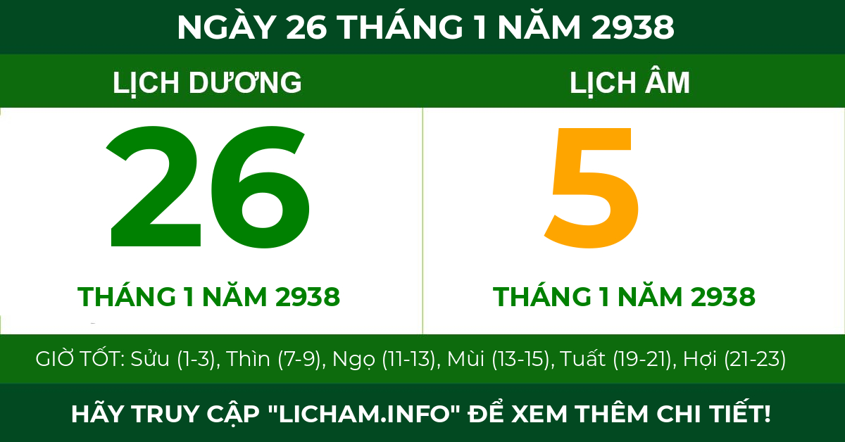 lịch âm ngày 26 tháng 1 năm 2938