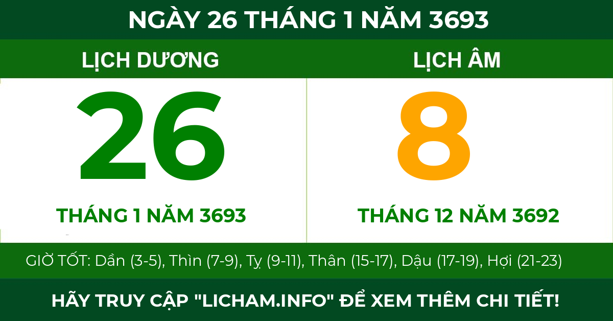 lịch âm ngày 26 tháng 1 năm 3693