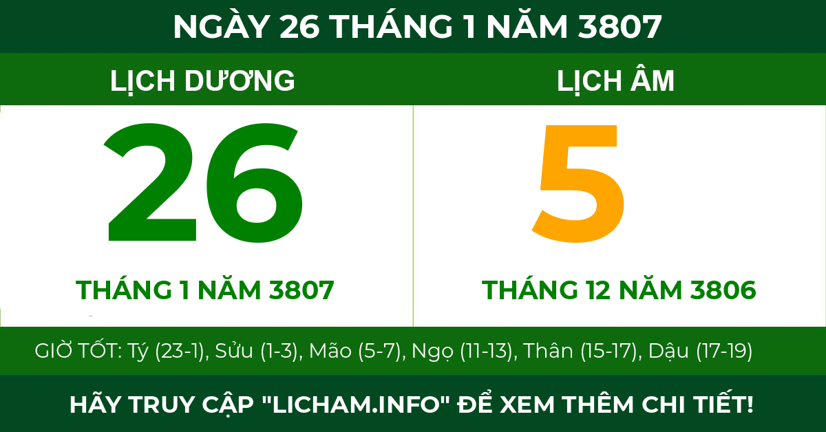 lịch âm ngày 26 tháng 1 năm 3807