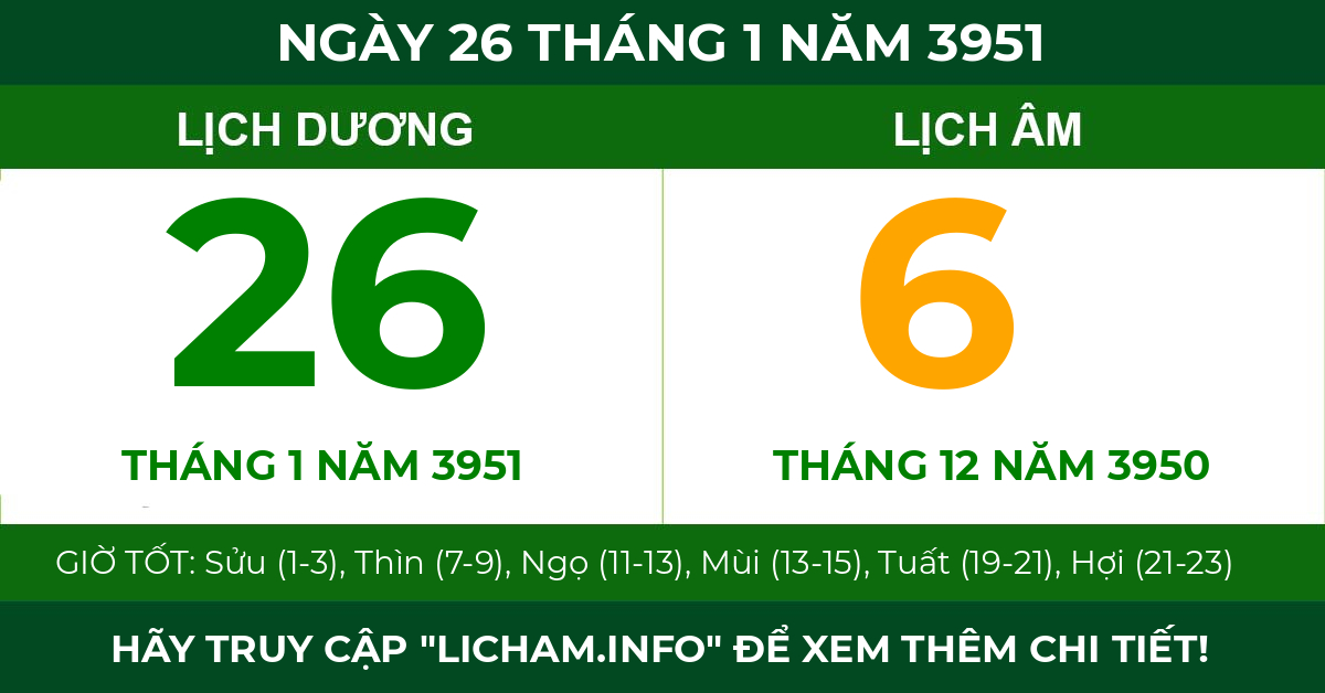 lịch âm ngày 26 tháng 1 năm 3951