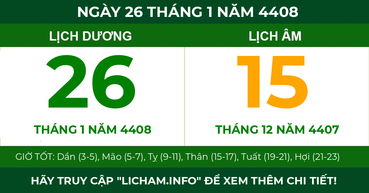 lịch âm ngày 26 tháng 1 năm 4408