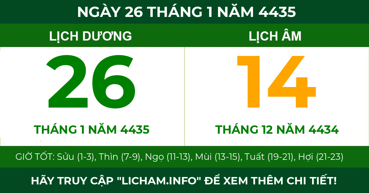 lịch âm ngày 26 tháng 1 năm 4435