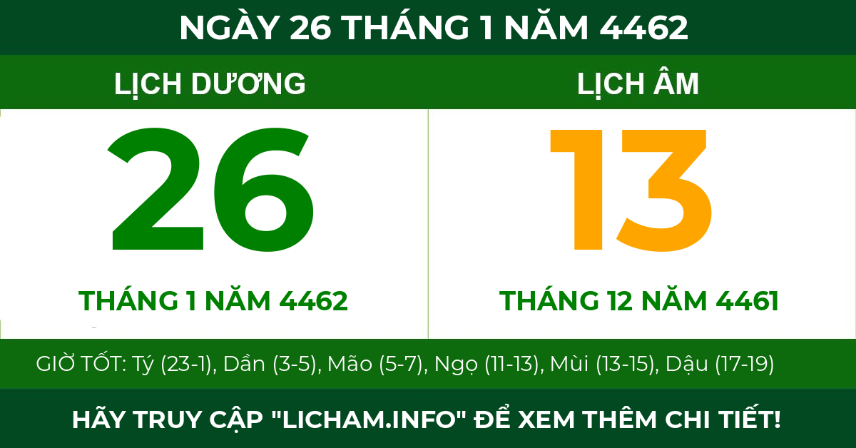 lịch âm ngày 26 tháng 1 năm 4462