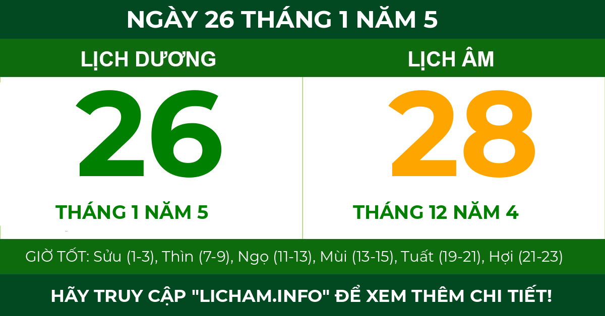 lịch âm ngày 26 tháng 1 năm 5