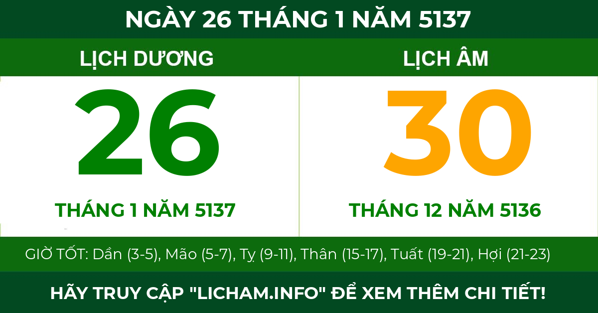 lịch âm ngày 26 tháng 1 năm 5137