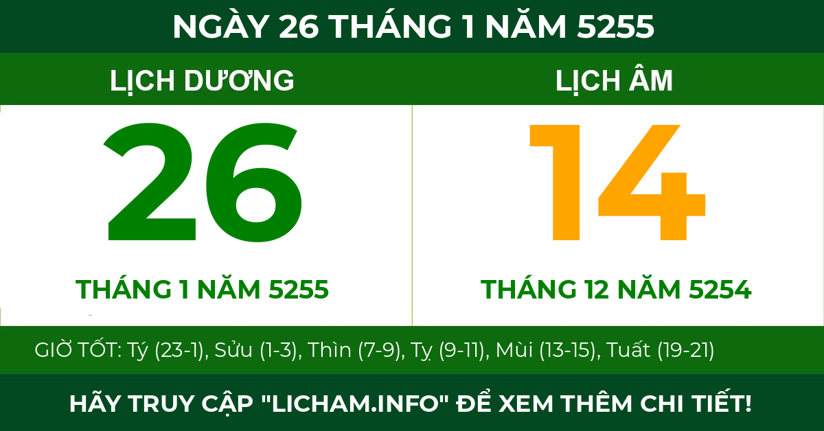 lịch âm ngày 26 tháng 1 năm 5255