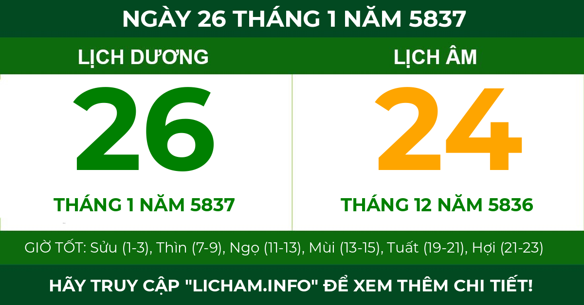 lịch âm ngày 26 tháng 1 năm 5837