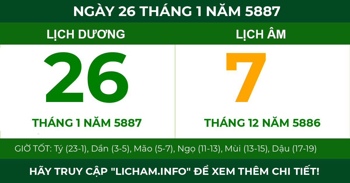 lịch âm ngày 26 tháng 1 năm 5887