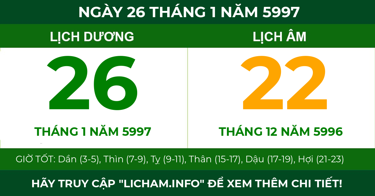 lịch âm ngày 26 tháng 1 năm 5997