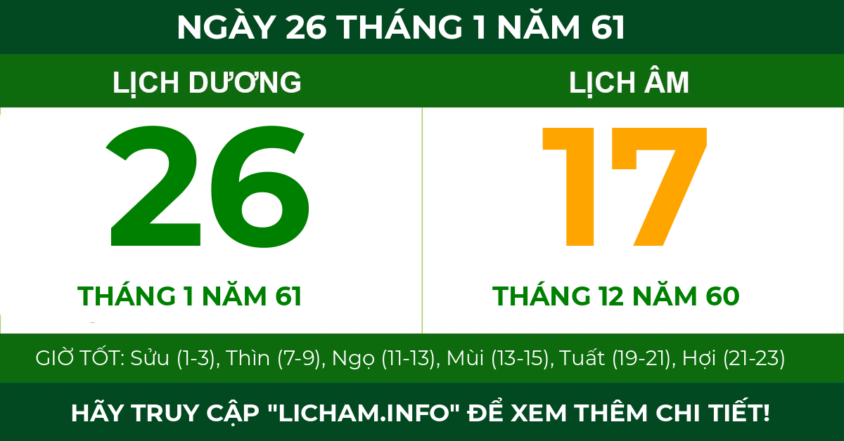 lịch âm ngày 26 tháng 1 năm 61