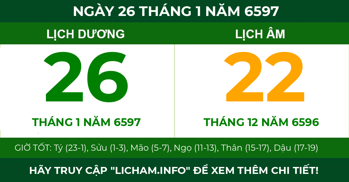 lịch âm ngày 26 tháng 1 năm 6597