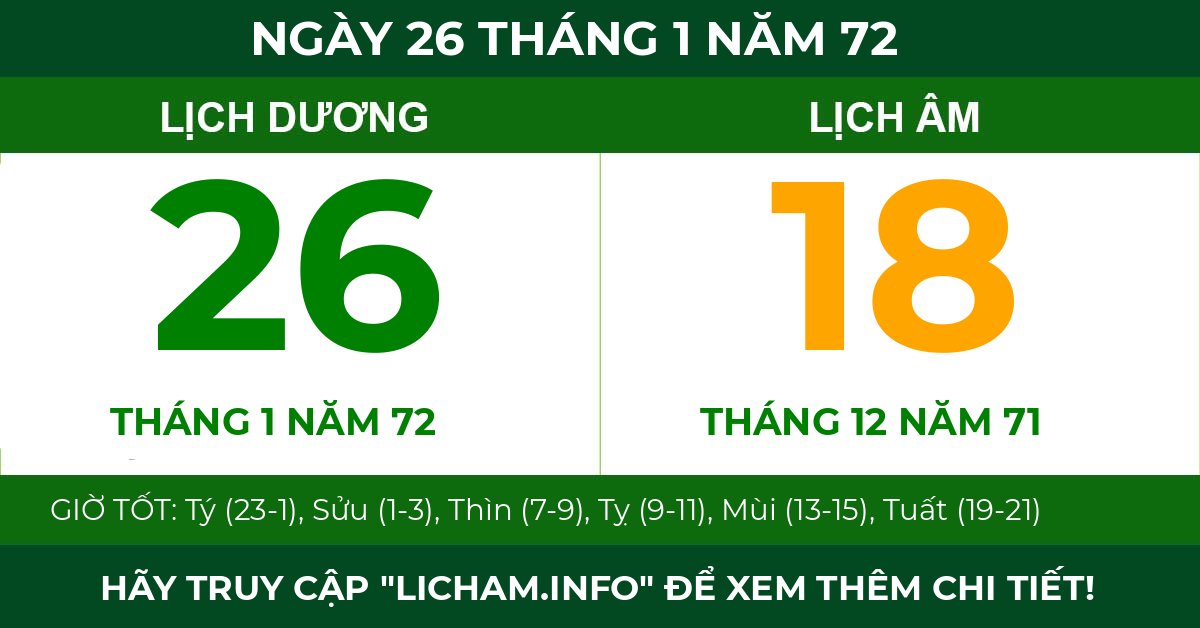 lịch âm ngày 26 tháng 1 năm 72