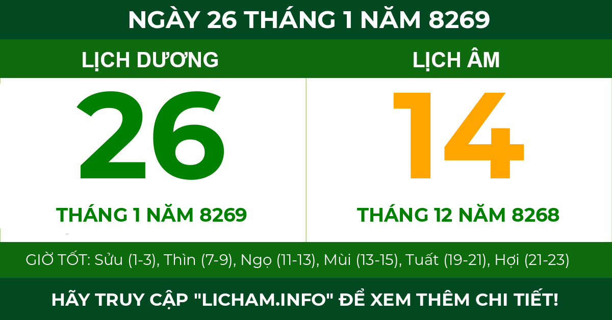 lịch âm ngày 26 tháng 1 năm 8269