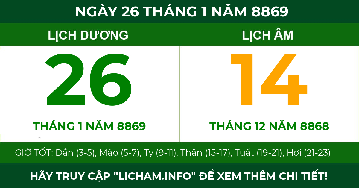 lịch âm ngày 26 tháng 1 năm 8869