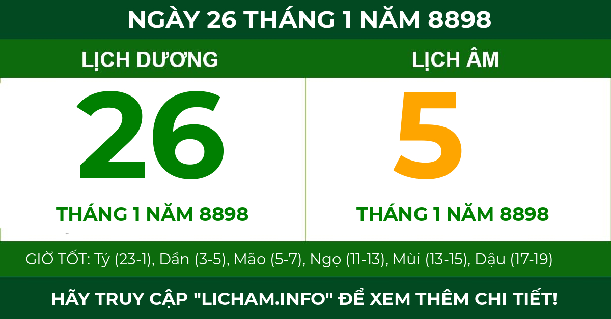 lịch âm ngày 26 tháng 1 năm 8898