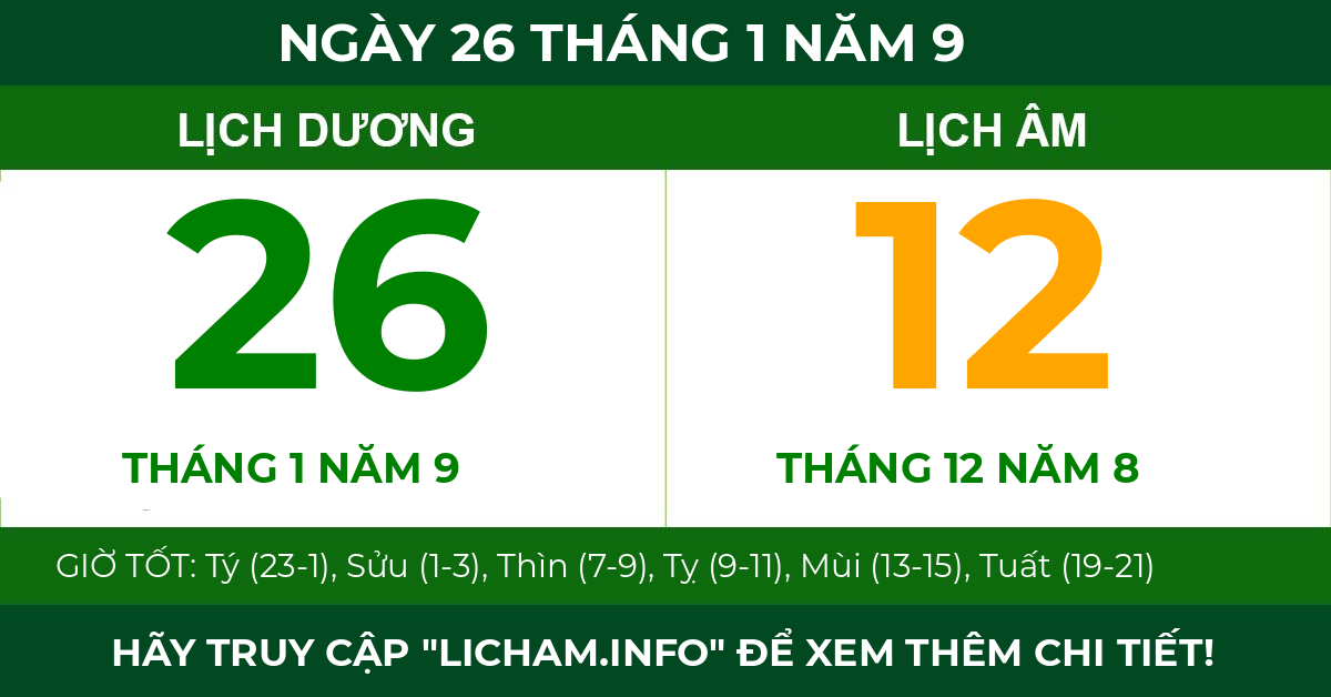 lịch âm ngày 26 tháng 1 năm 9