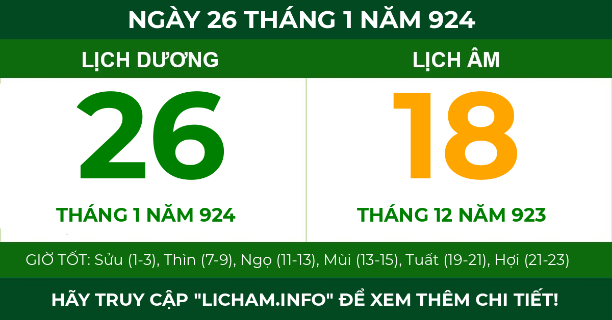 lịch âm ngày 26 tháng 1 năm 924