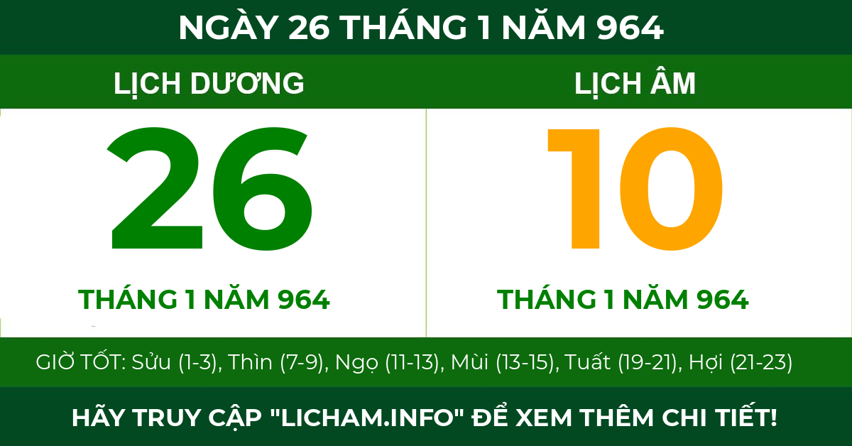 lịch âm ngày 26 tháng 1 năm 964