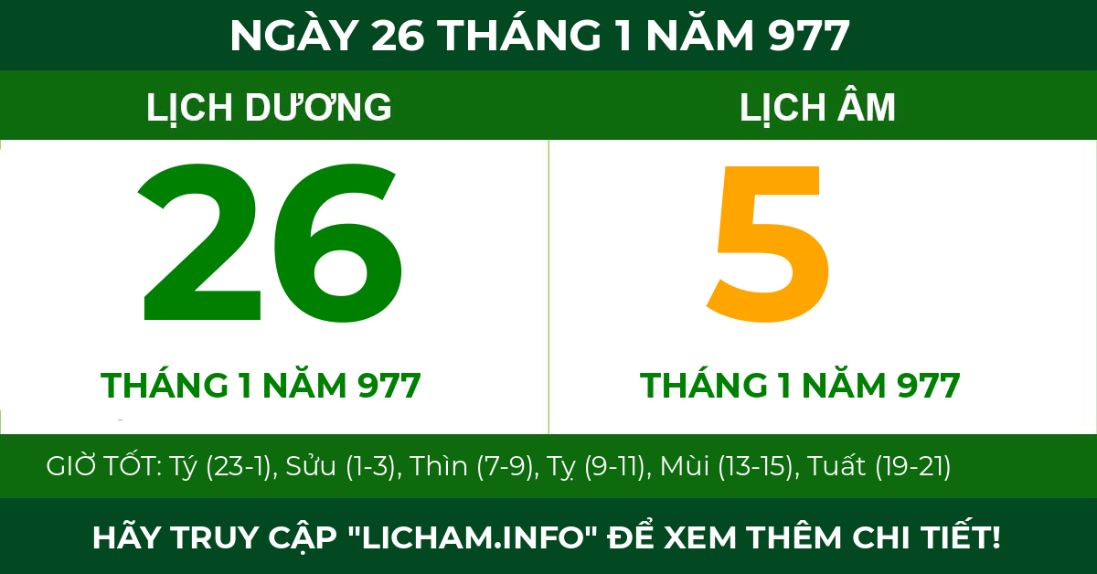 lịch âm ngày 26 tháng 1 năm 977