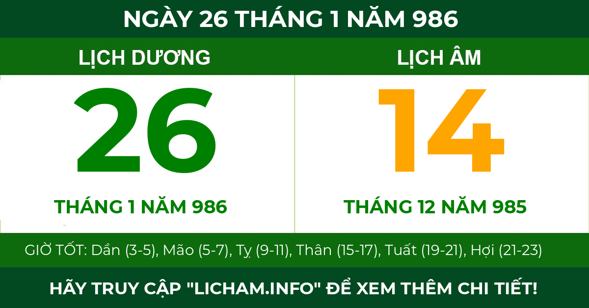 lịch âm ngày 26 tháng 1 năm 986