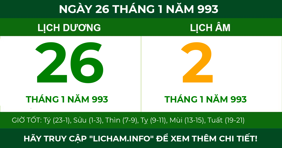 lịch âm ngày 26 tháng 1 năm 993