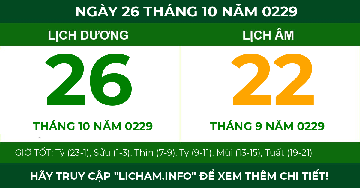 lịch âm ngày 26 tháng 10 năm 0229