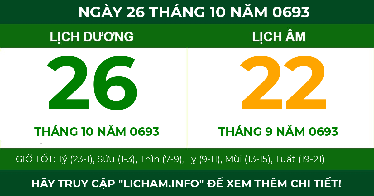 lịch âm ngày 26 tháng 10 năm 0693