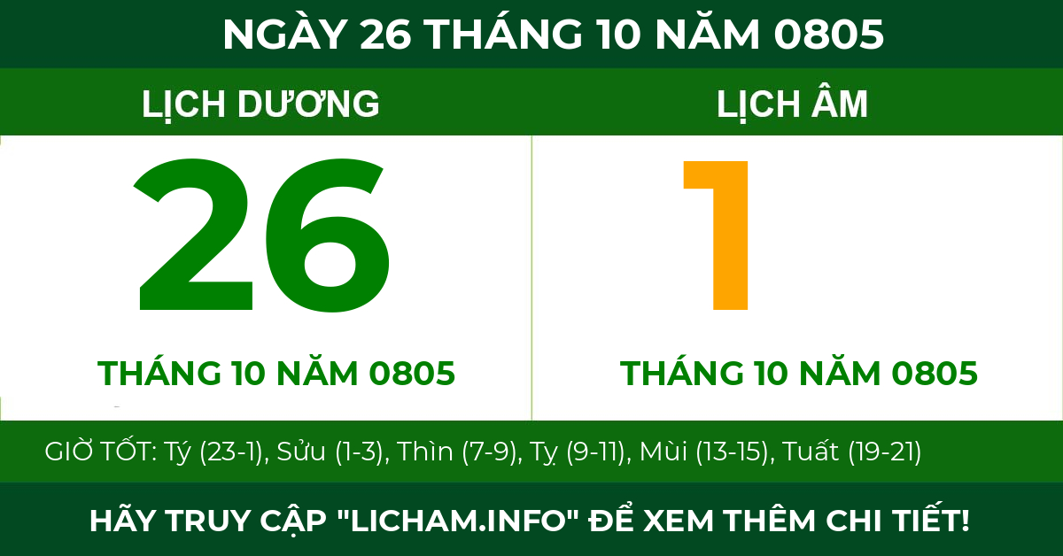 lịch âm ngày 26 tháng 10 năm 0805